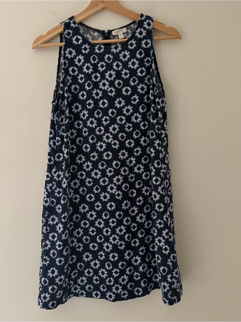 Garnet Hill Linen Dress A-Line Sleeveless Navy Blue Pattern Size 2 Coastal